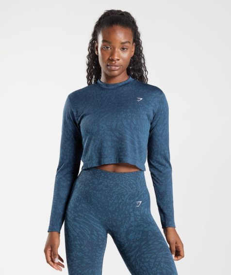 Gymshark Adapt Animal Seamless Long Sleeve Top Női Póló Sötétkék | HU-D-479