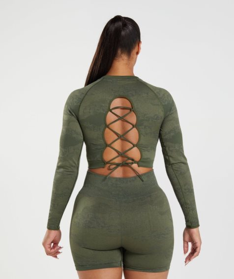 Gymshark Adapt Camo Seamless Csipke Up Back Top Női Póló Olivazöld | HU-T-039