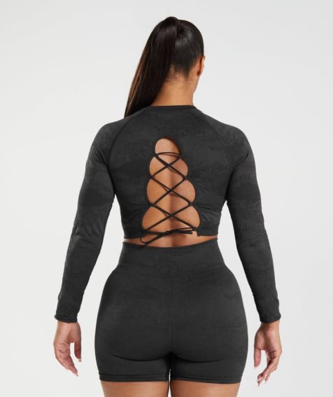 Gymshark Adapt Camo Seamless Csipke Up Back Top Női Póló Fekete | HU-V-046