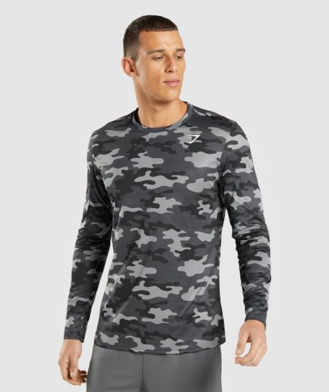 Gymshark Arrival Long Sleeve Férfi Póló Camo | HU-L-219