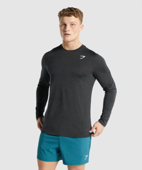 Gymshark Arrival Marl Long Sleeve Férfi Póló Fekete | HU-B-890