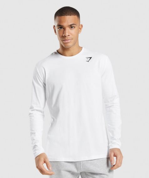 Gymshark Crest Long Sleeve Férfi Póló Fehér | HU-W-764