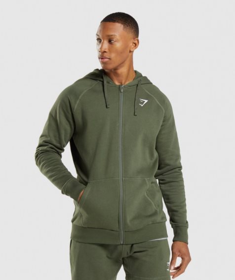Gymshark Crest Zip Up Férfi Kapucnis Pulóver Olivazöld | HU-T-286