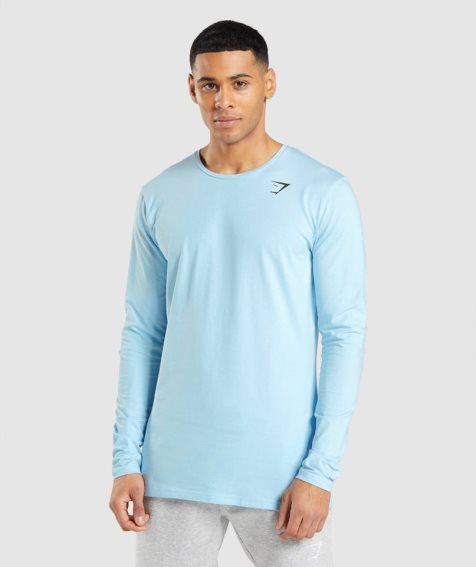 Gymshark Essential Long Sleeve Férfi Póló Világos Kék | HU-Z-651