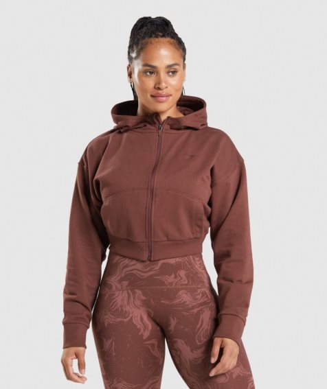 Gymshark GS Power Cropped Zip Női Kapucnis Pulóver Barna | HU-D-631