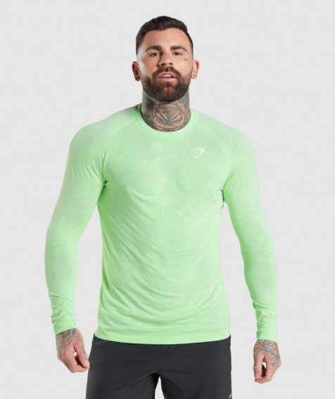 Gymshark Geo Seamless Long Sleeve Férfi Póló Világos Zöld | HU-B-749