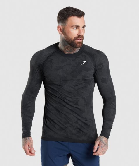 Gymshark Geo Seamless Long Sleeve Férfi Póló Fekete | HU-R-061