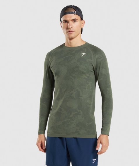 Gymshark Geo Seamless Long Sleeve Férfi Póló Olivazöld | HU-V-153