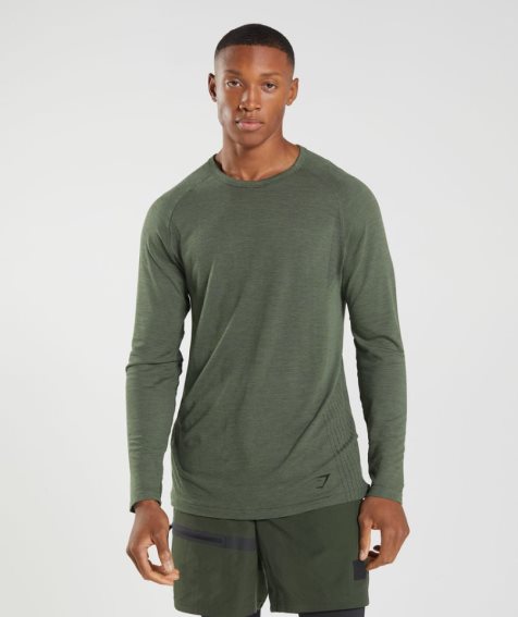 Gymshark Retake Seamless Long Sleeve Férfi Póló Olivazöld | HU-P-624