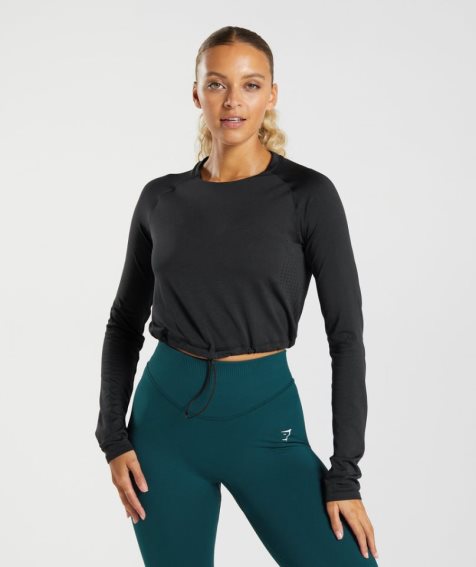Gymshark Sweat Seamless Long Sleeve Női Vágott Felsők Fekete | HU-E-427