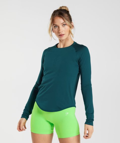 Gymshark Sweat Seamless Long Sleeve Top Női Póló Türkiz | HU-J-612