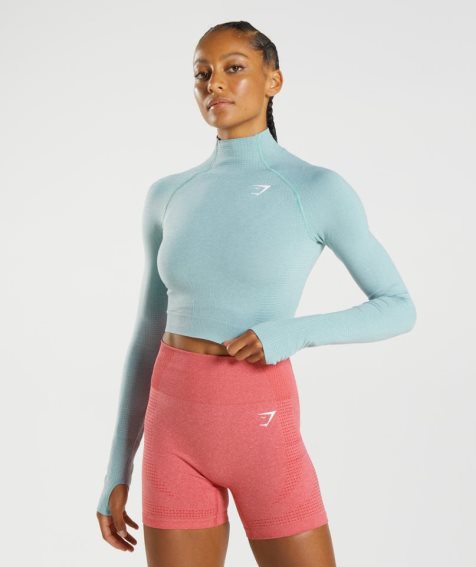 Gymshark Vital Seamless 2.0 High Neck Midi Női Vágott Felsők Világos Kék | HU-I-370
