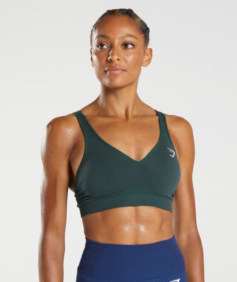 Gymshark Vital Seamless 2.0 V Neck Női Sportmelltartó Sötétzöld | HU-S-615
