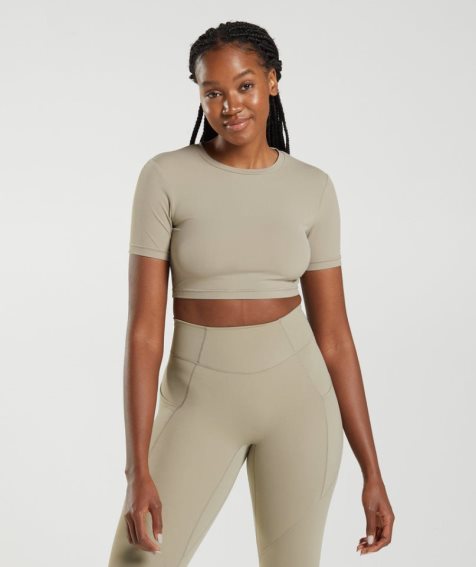 Gymshark Whitney Rövid Sleeve Női Vágott Felsők Khaki | HU-I-075