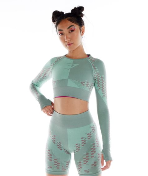 Gymshark Wtflex Cyborg Seamless Long Sleeve Női Vágott Felsők Zöld | HU-C-137