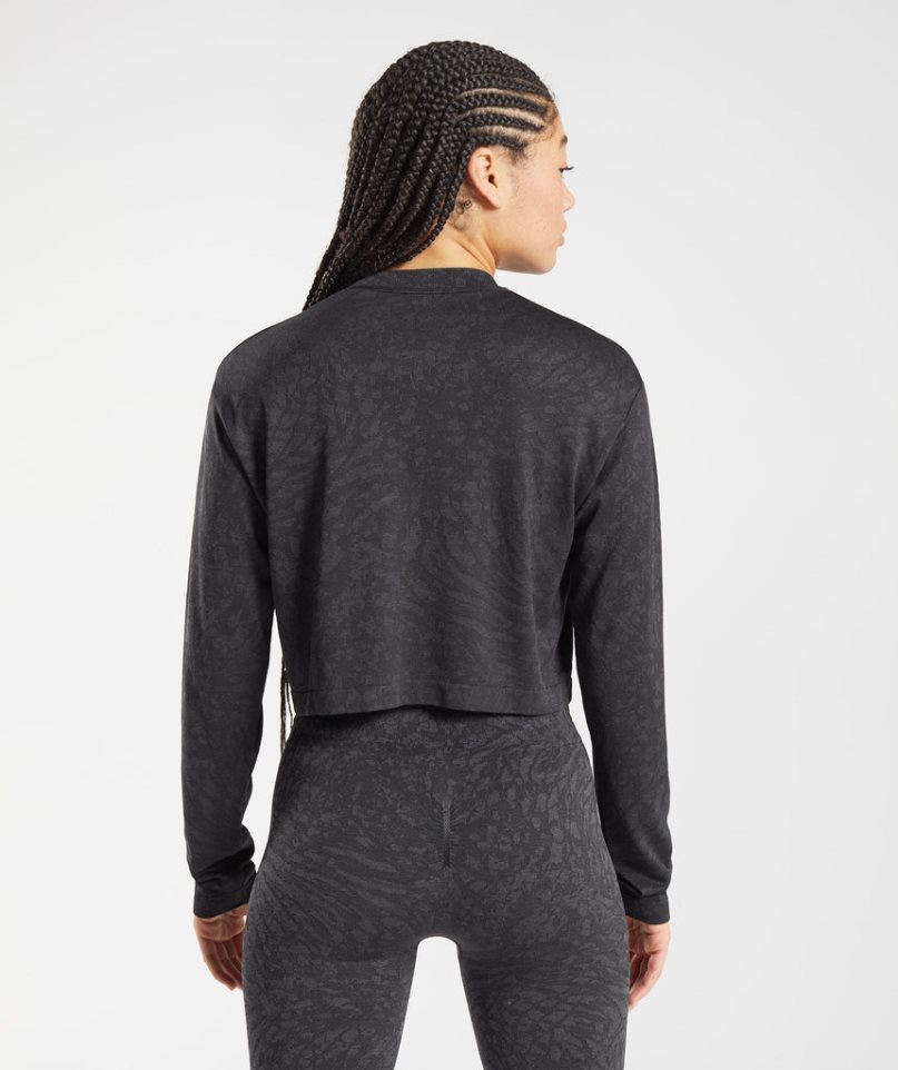 Gymshark Adapt Animal Seamless Long Sleeve Top Női Póló Fekete | HU-D-082
