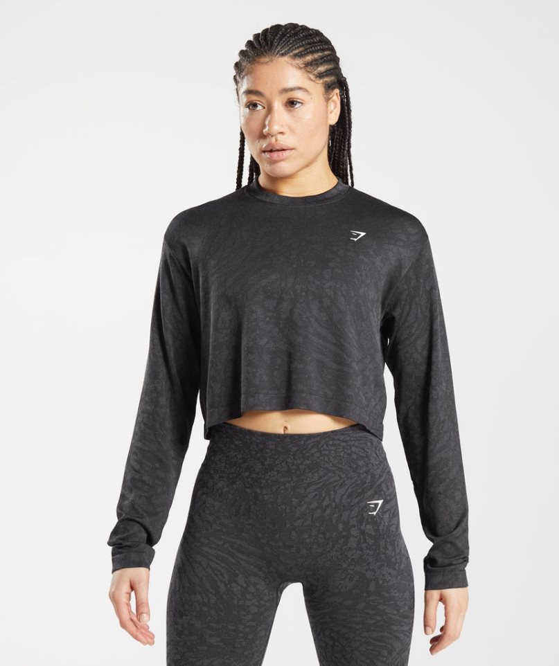 Gymshark Adapt Animal Seamless Long Sleeve Top Női Póló Fekete | HU-D-082