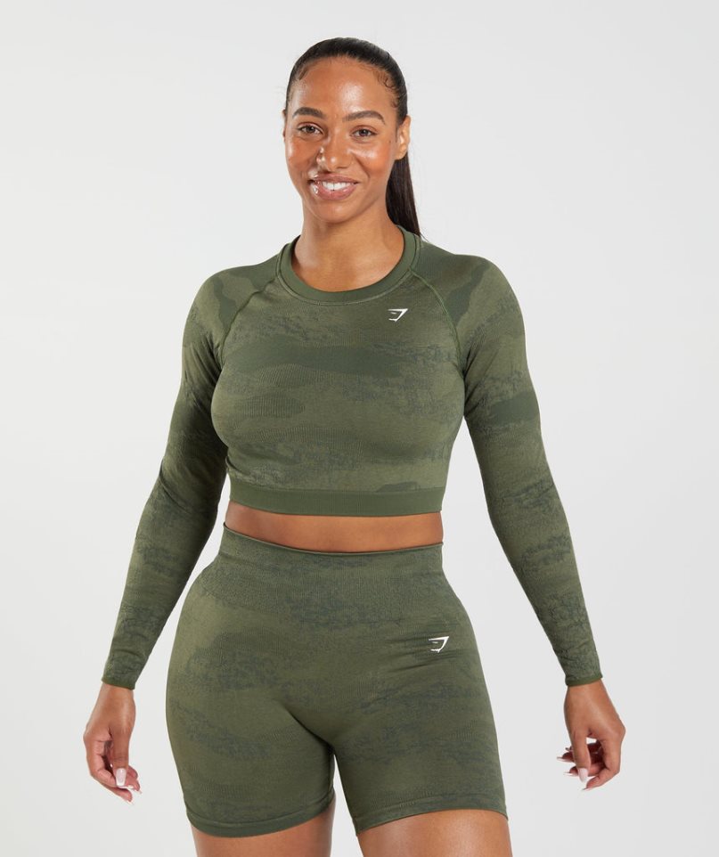 Gymshark Adapt Camo Seamless Csipke Up Back Top Női Póló Olivazöld | HU-T-039