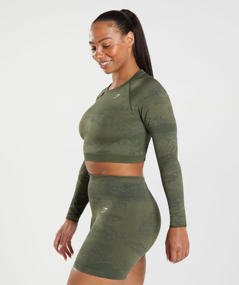 Gymshark Adapt Camo Seamless Csipke Up Back Top Női Póló Olivazöld | HU-T-039
