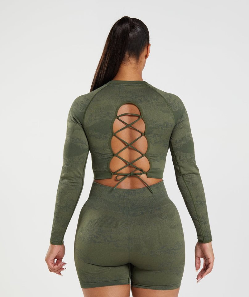 Gymshark Adapt Camo Seamless Csipke Up Back Top Női Póló Olivazöld | HU-T-039