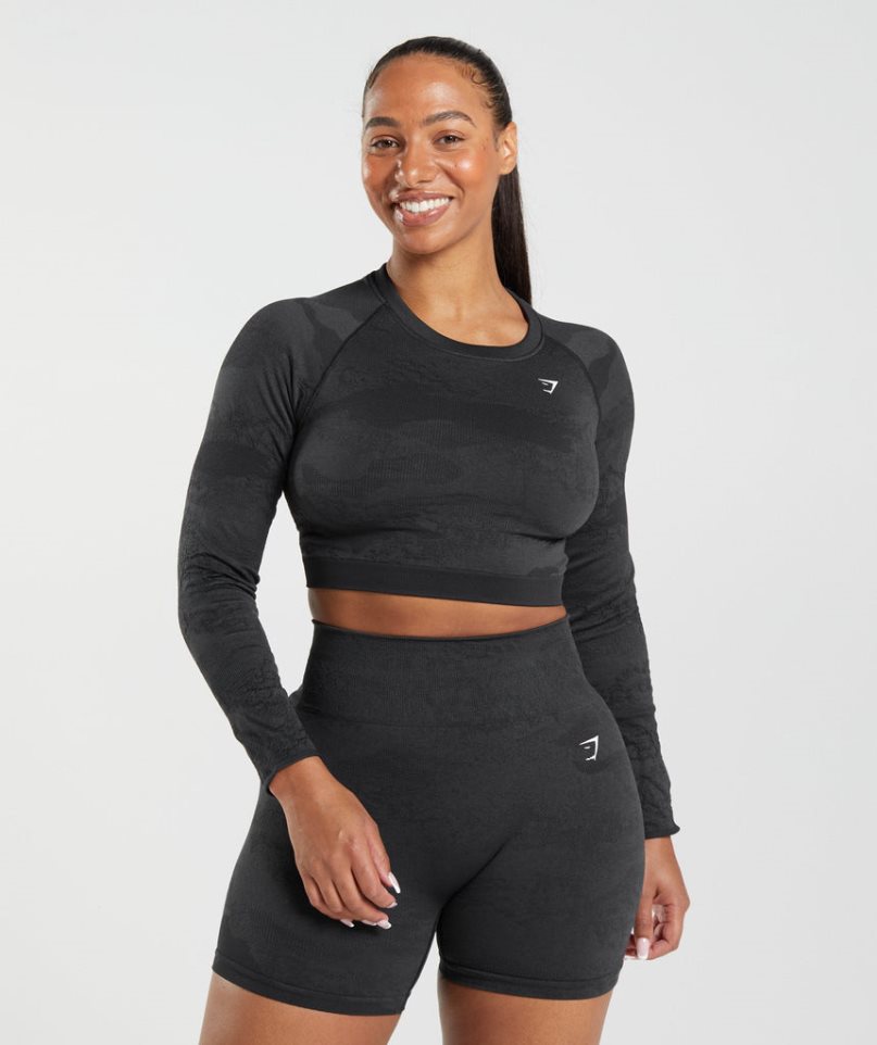 Gymshark Adapt Camo Seamless Csipke Up Back Top Női Póló Fekete | HU-V-046