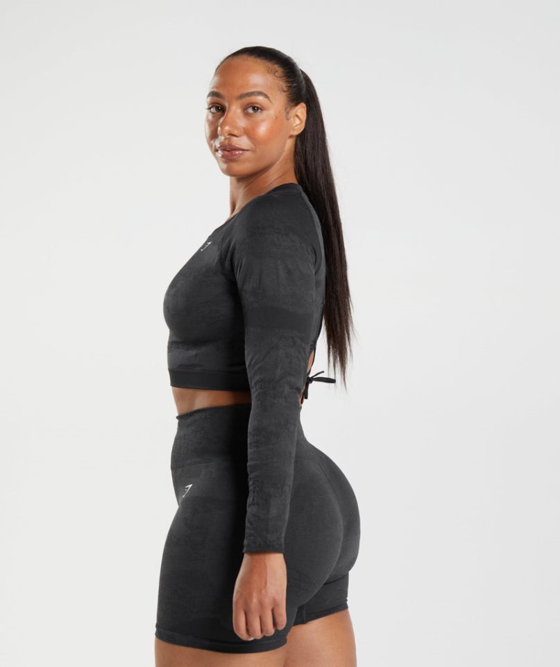 Gymshark Adapt Camo Seamless Csipke Up Back Top Női Póló Fekete | HU-V-046