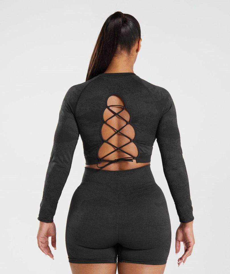 Gymshark Adapt Camo Seamless Csipke Up Back Top Női Póló Fekete | HU-V-046