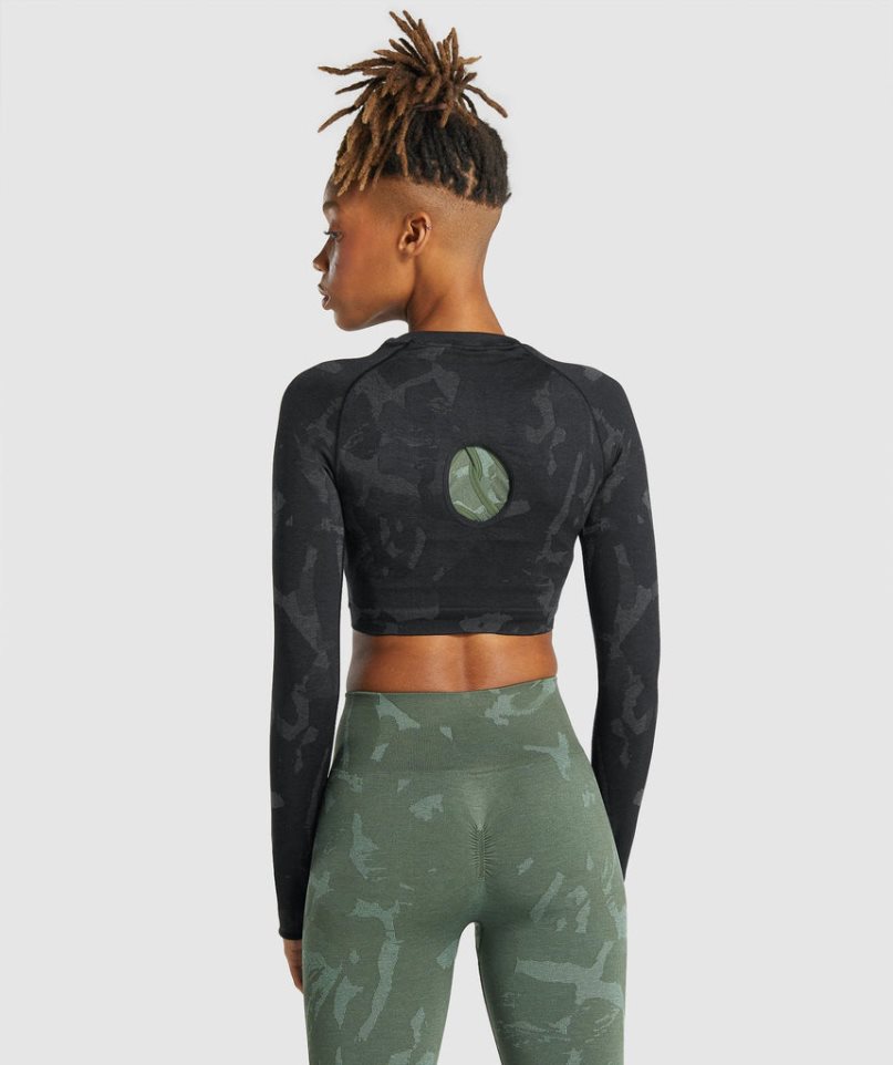 Gymshark Adapt Camo Seamless Long Sleeve Női Vágott Felsők Fekete | HU-J-813