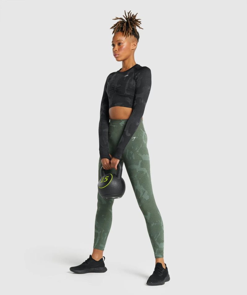 Gymshark Adapt Camo Seamless Long Sleeve Női Vágott Felsők Fekete | HU-J-813