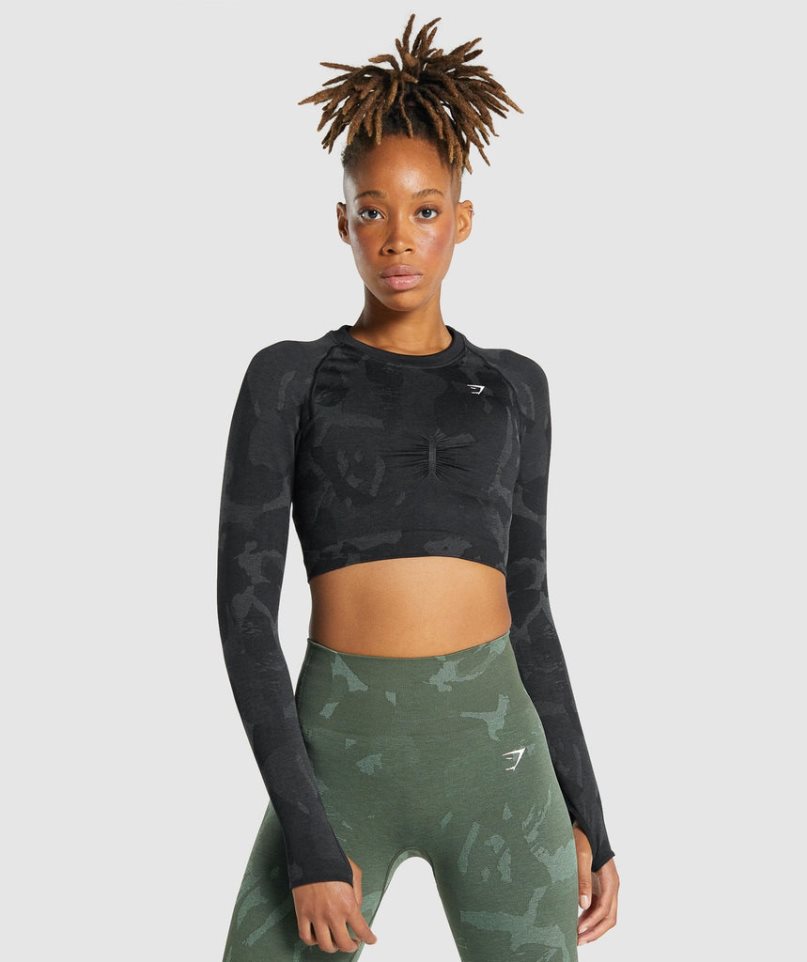 Gymshark Adapt Camo Seamless Long Sleeve Női Vágott Felsők Fekete | HU-J-813