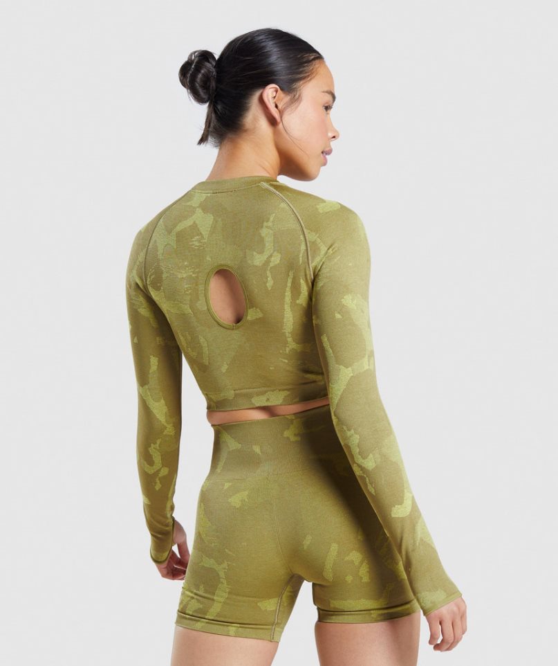 Gymshark Adapt Camo Seamless Long Sleeve Női Vágott Felsők Zöld | HU-X-973