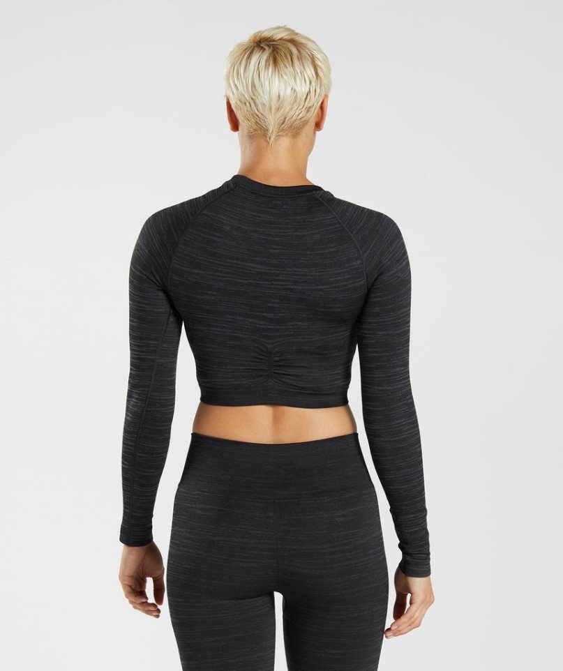 Gymshark Adapt Marl Seamless Long Sleeve Női Vágott Felsők Fekete | HU-X-210