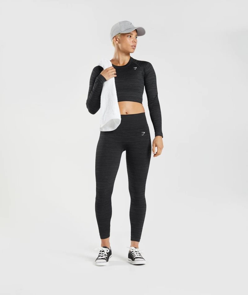 Gymshark Adapt Marl Seamless Long Sleeve Női Vágott Felsők Fekete | HU-X-210