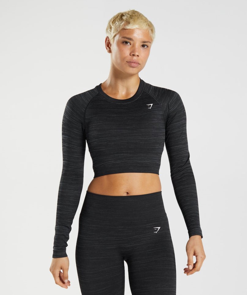 Gymshark Adapt Marl Seamless Long Sleeve Női Vágott Felsők Fekete | HU-X-210