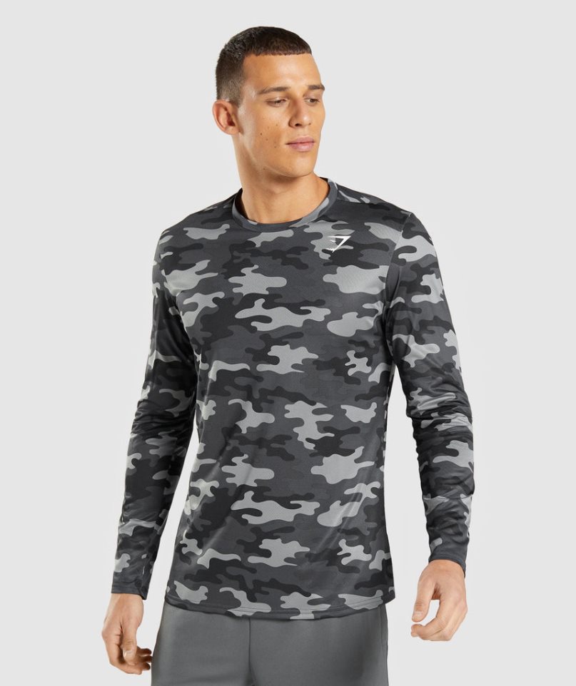 Gymshark Arrival Long Sleeve Férfi Póló Camo | HU-L-219