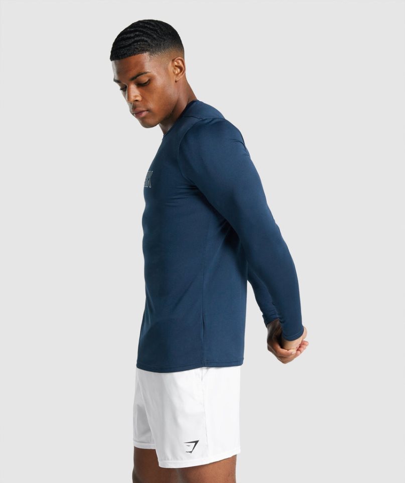 Gymshark Arrival Long Sleeve Grafika Férfi Póló Sötétkék | HU-W-495