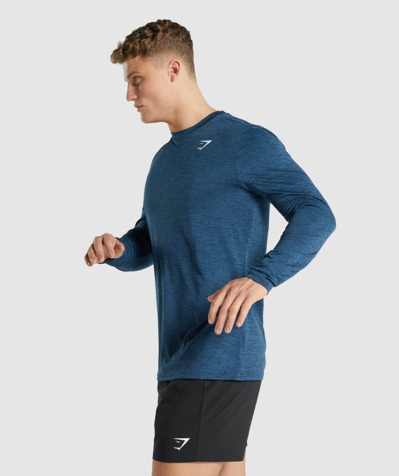 Gymshark Arrival Marl Long Sleeve Férfi Póló Sötétkék | HU-L-349