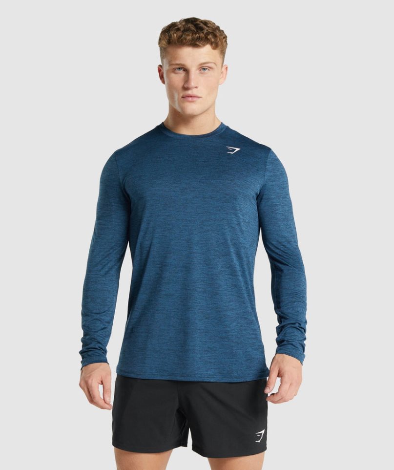 Gymshark Arrival Marl Long Sleeve Férfi Póló Sötétkék | HU-L-349