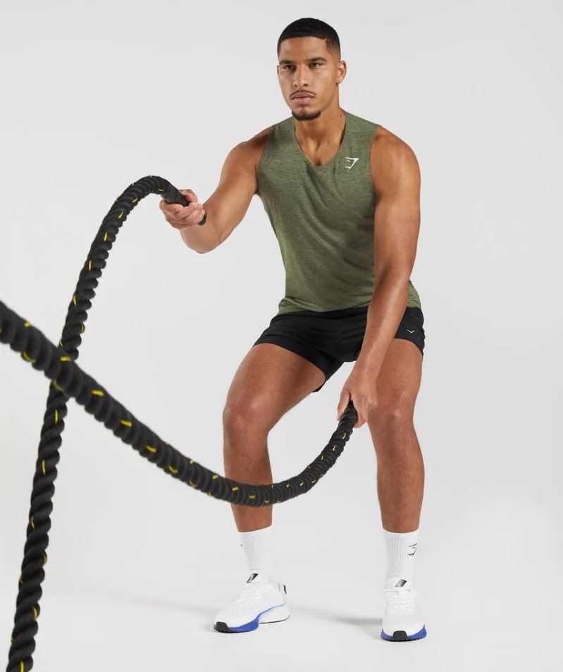 Gymshark Arrival Slim Marl Férfi Ujjatlan Póló Olivazöld | HU-J-570