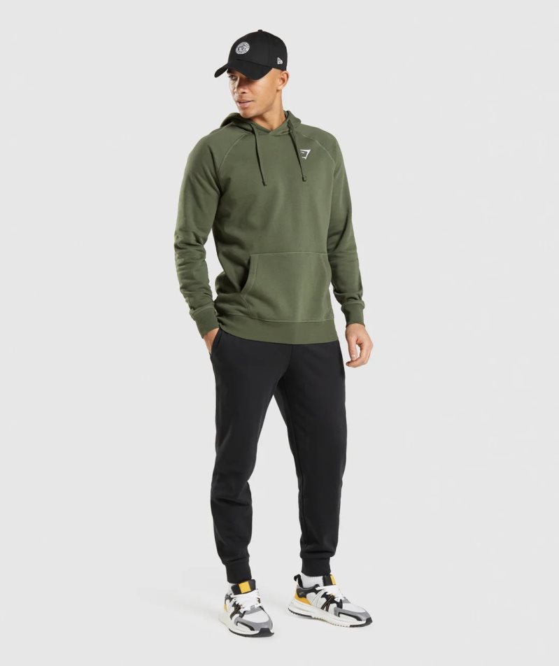 Gymshark Crest Férfi Kapucnis Pulóver Olivazöld | HU-S-306