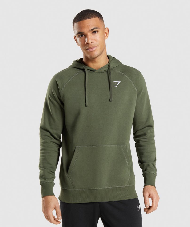 Gymshark Crest Férfi Kapucnis Pulóver Olivazöld | HU-S-306