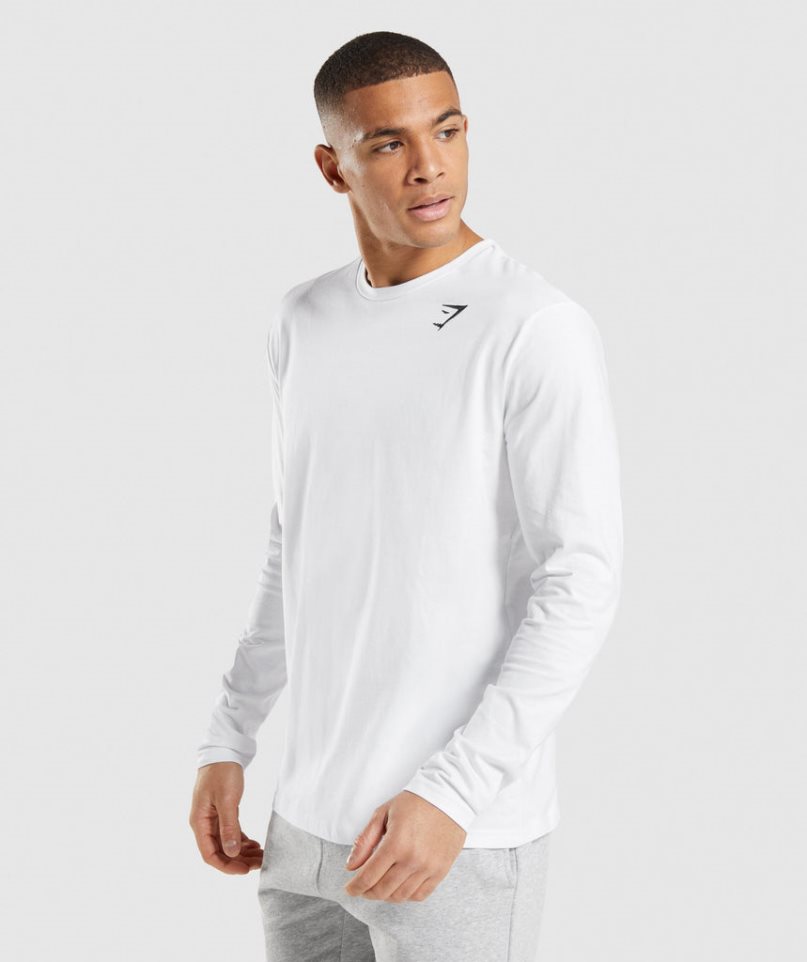 Gymshark Crest Long Sleeve Férfi Póló Fehér | HU-W-764