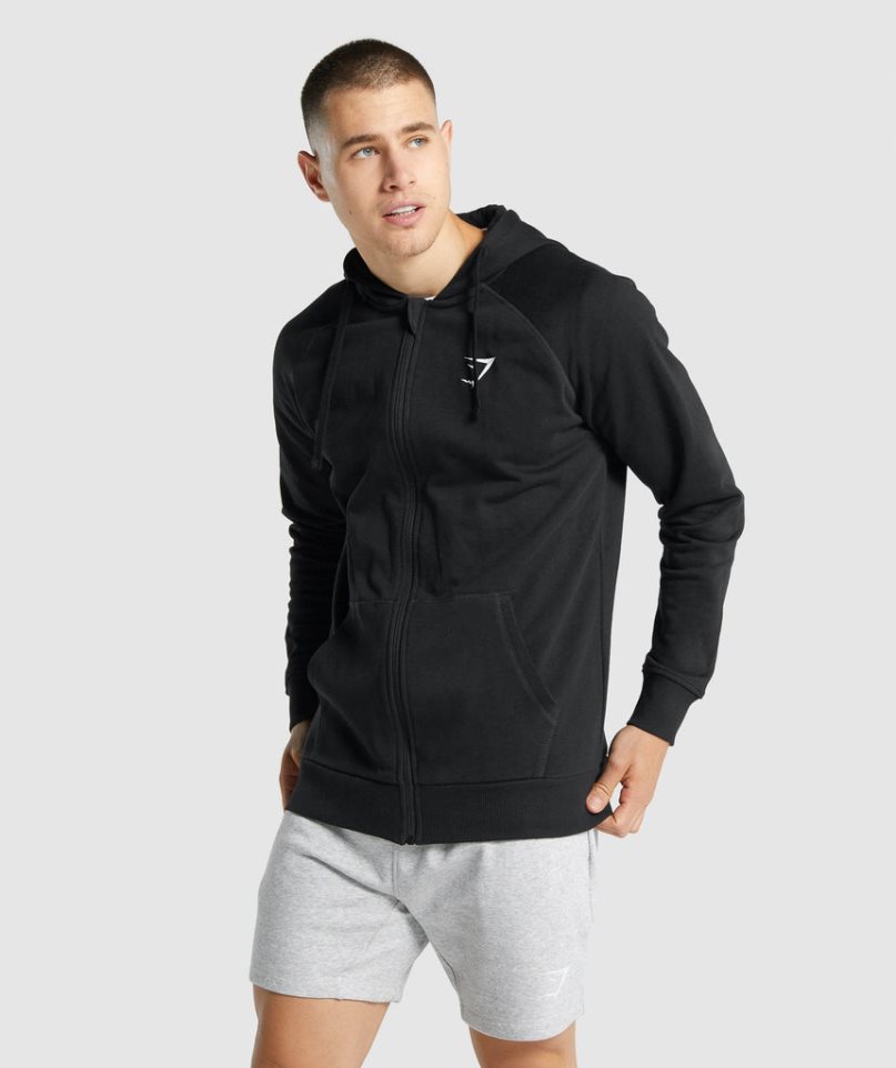 Gymshark Crest Zip Up Férfi Kapucnis Pulóver Fekete | HU-V-579