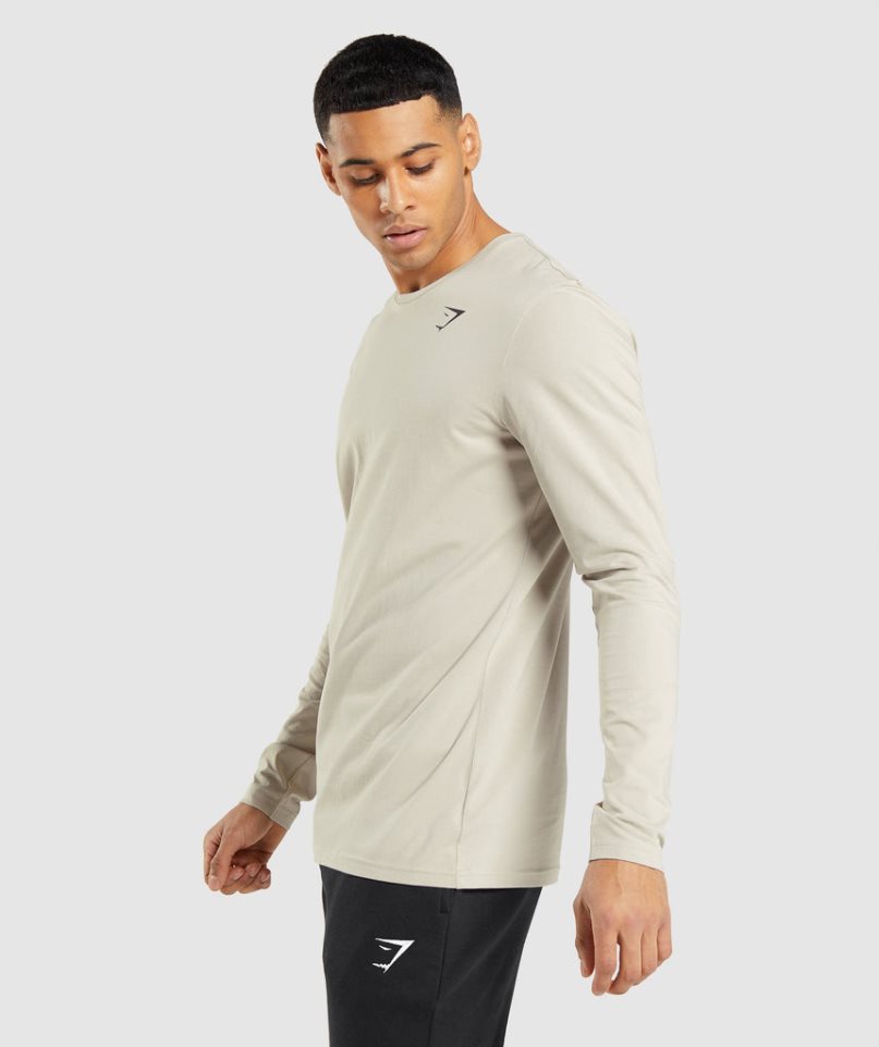 Gymshark Essential Long Sleeve Férfi Póló Bézs | HU-I-046