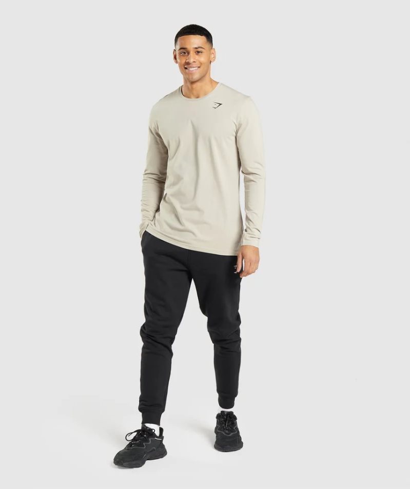 Gymshark Essential Long Sleeve Férfi Póló Bézs | HU-I-046