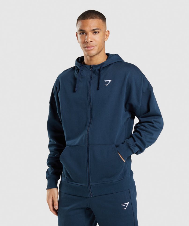 Gymshark Essential Zip Up Férfi Kapucnis Pulóver Sötétkék | HU-B-108