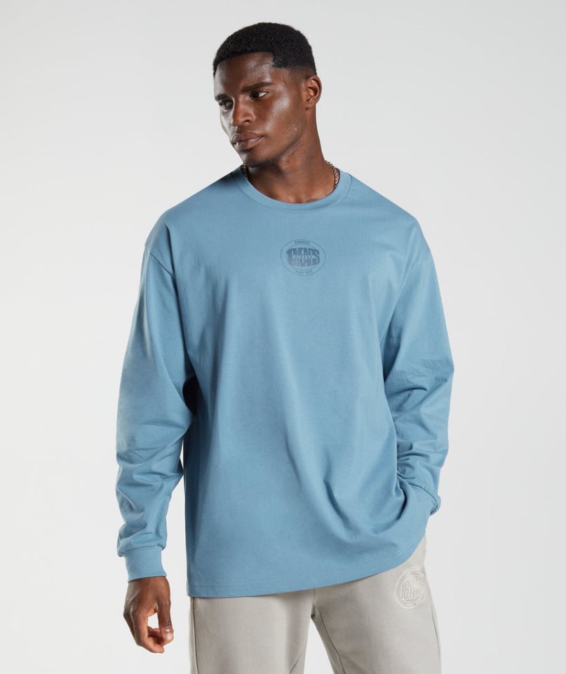 Gymshark GS10 Year Oversized Long Sleeve Férfi Póló Kék | HU-U-463