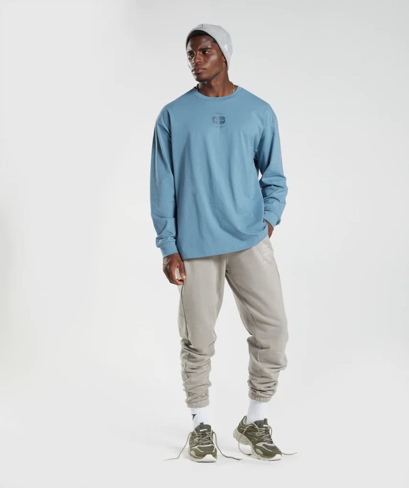 Gymshark GS10 Year Oversized Long Sleeve Férfi Póló Kék | HU-U-463
