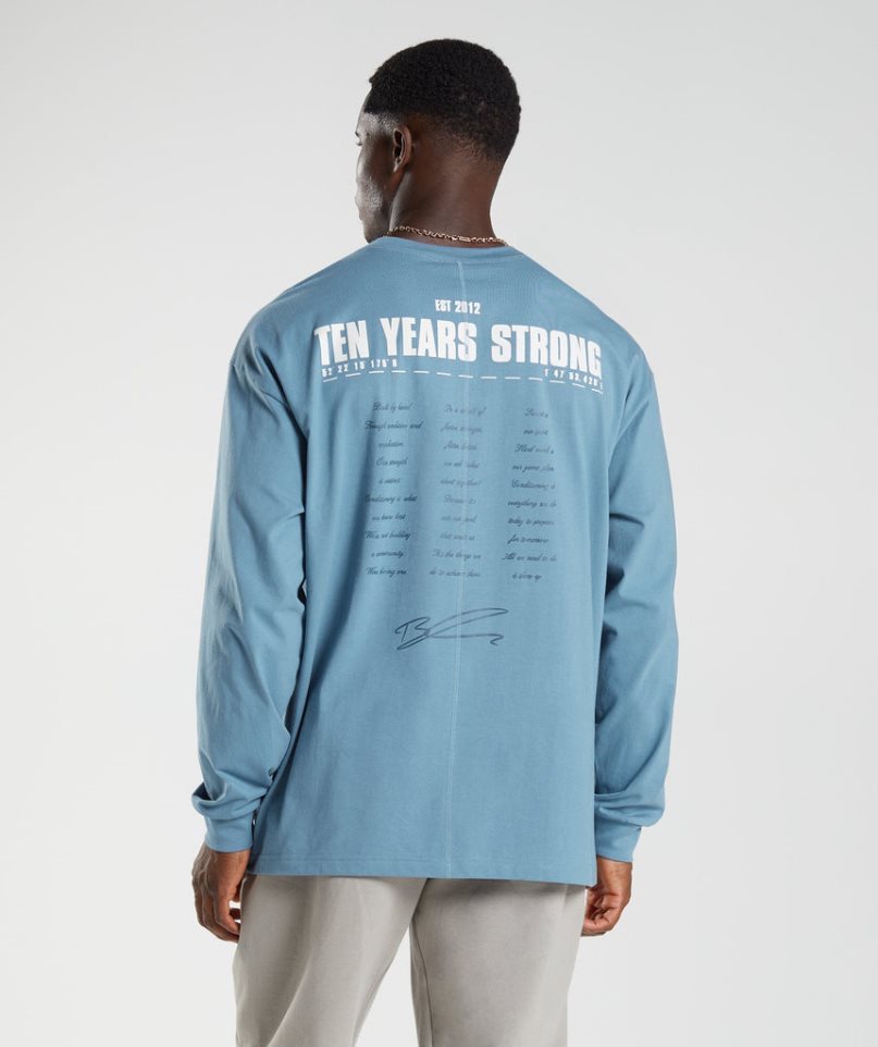 Gymshark GS10 Year Oversized Long Sleeve Férfi Póló Kék | HU-U-463