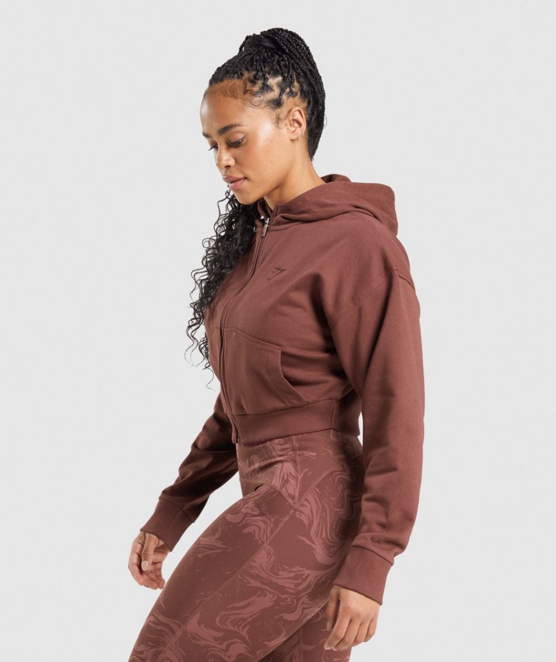 Gymshark GS Power Cropped Zip Női Kapucnis Pulóver Barna | HU-D-631